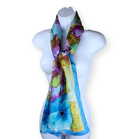 Adron Watercolor Blue Yellow Pink Silk Narrow Rectangle Scarf - Picture 2 of 7